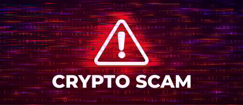 Crypto scam warning symbol on digital binary code background