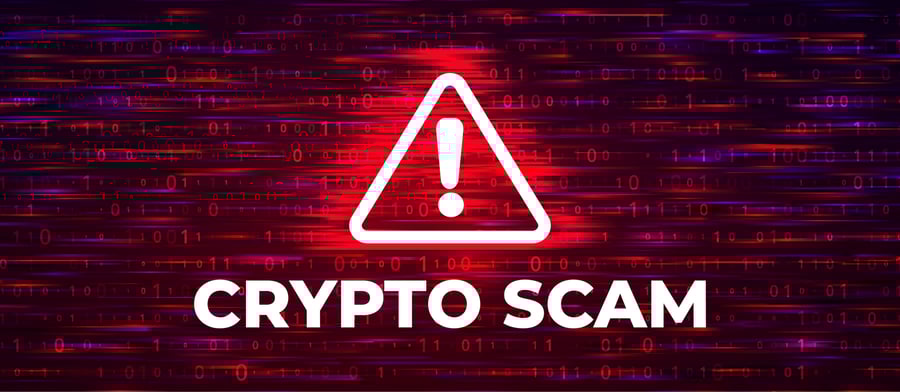 Crypto scam warning symbol on digital binary code background